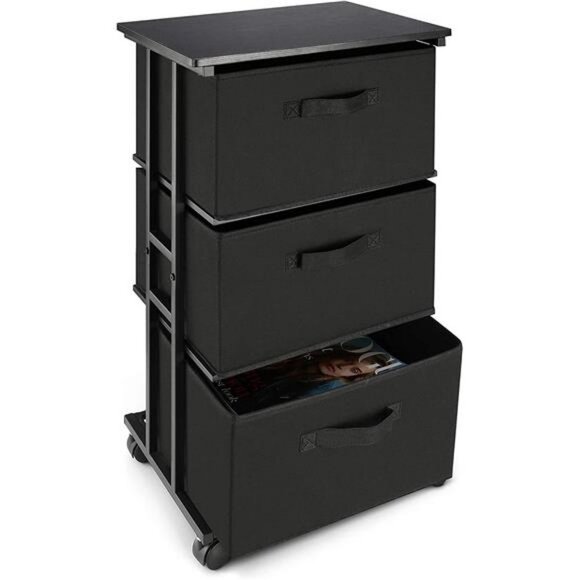 Dresser Storage with 3 Drawers, Fabric Dresser Tower, Black - Picture 3 of 5